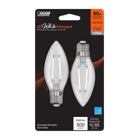 Feit White B10 E26 (Medium) Filament LED Bulb Soft White 60 Watt Equivalence 2 pk