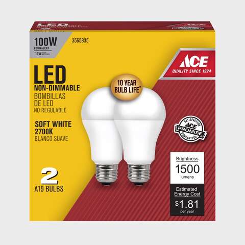 Ace A19 E26 (Medium) LED Bulb Soft White 100 Watt Equivalence 2 pk, Pack of 6