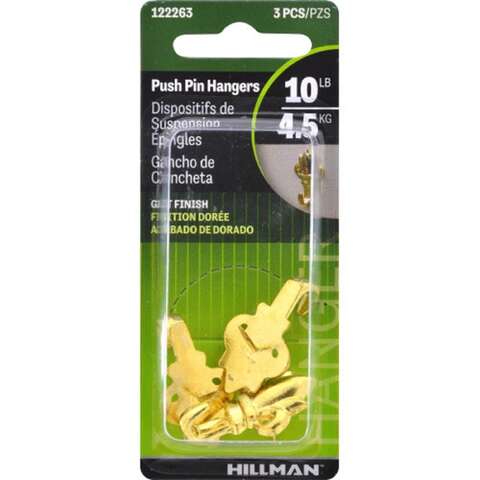 HILLMAN Brass-Plated Gold Push Pin Picture Hook 10 lb 3 pk, Pack of 10