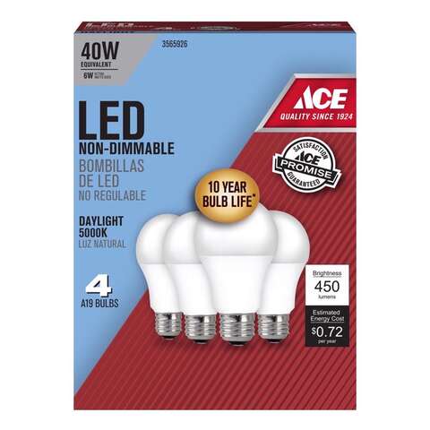 Ace A19 E26 (Medium) LED Bulb Daylight 40 Watt Equivalence 4 pk, Pack of 6