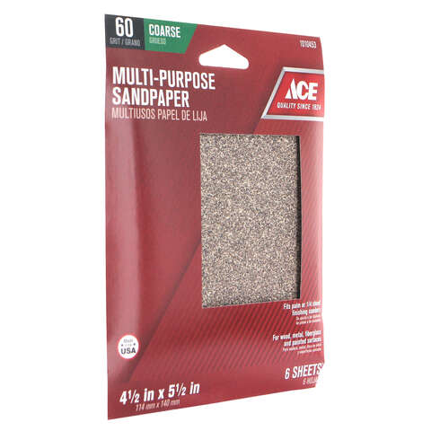 Ace 5-1/2 in. L X 4-1/2 in. W 60 Grit Aluminum Oxide 1/4 Sheet Sandpaper 6 pk, Pack of 10