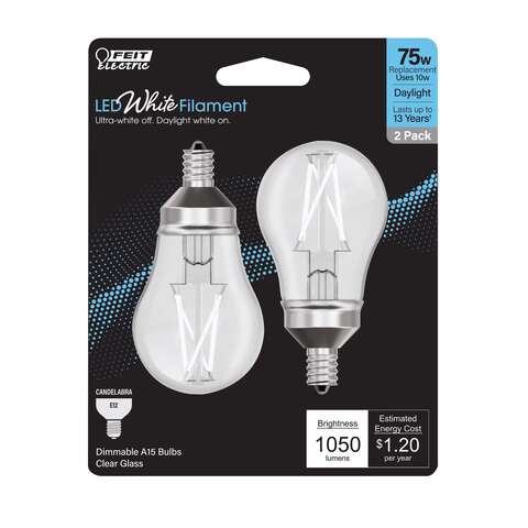 Feit White A15 E12 (Candelabra) Filament LED Bulb Daylight 75 Watt Equivalence 2 pk