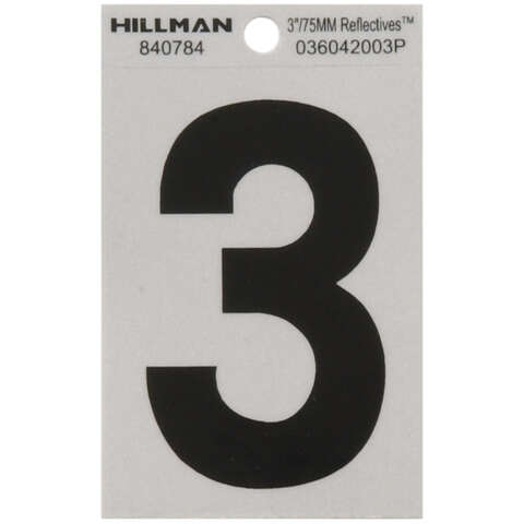 Hillman 3 in. Reflective Black Vinyl Self-Adhesive Number 3 1 pc, Pack of 6