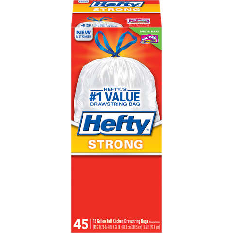 Hefty Strong 13 gal No Scent Scent Kitchen Trash Bags Drawstring 45 pk 0.9 mil, Pack of 6