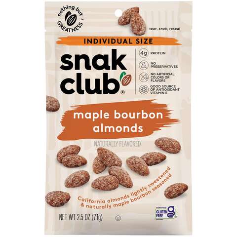 Snak Club Maple Bourbon Almonds 2.5 oz Bagged, Pack of 6