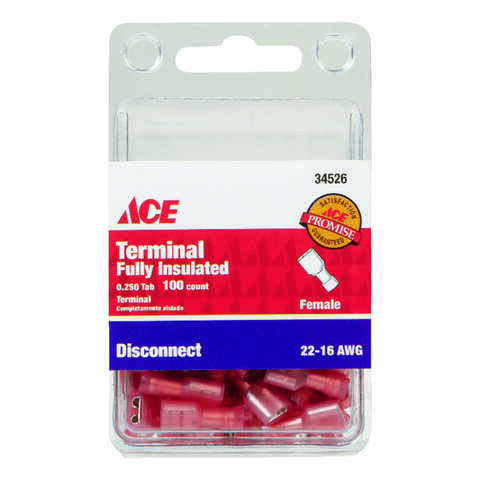 Ace 22-16 AWG Insulated Wire Female Disconnect Red 100 pk