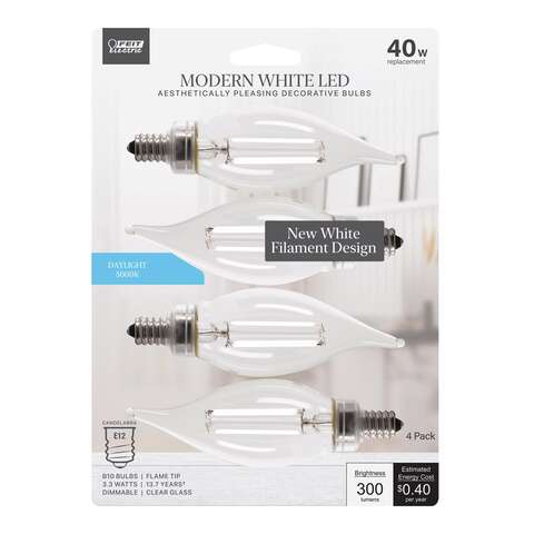 Feit White BA10 E12 (Candelabra) Filament LED Bulb Daylight 40 Watt Equivalence 4 pk