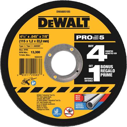 DeWalt 4-1/2 in. D X 7/8 in. Cutting/Grinding Wheel 5 pk