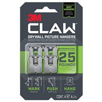 3M CLAW 3PH25M-4ES Drywall Picture Hanger, 25 lb, Steel, Push-In Mounting, 4/PK, Pack of 4