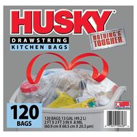 Husky HK13DS120C-P Kitchen Trash Bag, 13 gal Capacity, Polyethylene, Clear