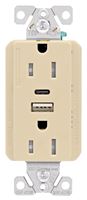 Eaton Cooper Wiring TRUSBAC15 TRUSBAC15V-K-L Receptacle, 2 -Pole, 5 A, 125 VAC, 2 -USB Port, Type A, C USB, Ivory