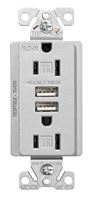 Arrow Hart TR7755SG-K-L Combination USB Receptacle, 2 -Pole, 3.1 A USB, 15 A Receptacle, 2 -USB Port, Silver Granite