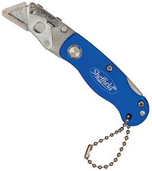 Sheffield 12116 Utility Knife, 1-1/2 in L Blade, Stainless Steel Blade, Curved Handle, Blue Handle