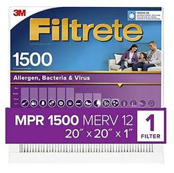 Filtrete 2002-4 Air Filter, 20 in L, 20 in W, 12 MERV, 1500 MPR, For: Air Conditioner, Furnace and HVAC System, Pack of 4