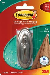 Command 17051BN-B Decorative Hook, 3 lb, 1-Hook, Plastic, Silver, Brushed Nickel