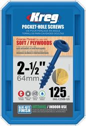 Kreg Blue-Kote SML-C250B-125 Pocket-Hole Screw, #8 Thread, Coarse Thread, Maxi-Loc Head, Square Drive, Carbon Steel, 125/PK