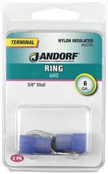 Jandorf 60785 Ring Terminal, 6 AWG Wire, 3/8 in Stud, Nylon Insulation, Copper Contact, Blue