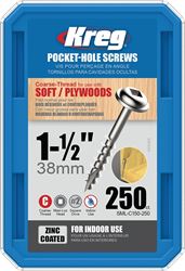 Kreg SML-C150-250 Pocket-Hole Screw, #8 Thread, 1-1/2 in L, Coarse Thread, Maxi-Loc Head, Square Drive, Carbon Steel, 250/PK