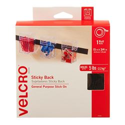 VELCRO Brand 90081 Fastener, 3/4 in W, 15 ft L, Nylon, Black, Rubber Adhesive