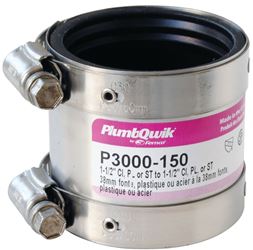 Fernco P3000-150 Transition Coupling, 1-1/2 in, PVC, SCH 40 Schedule, 4.3 psi Pressure