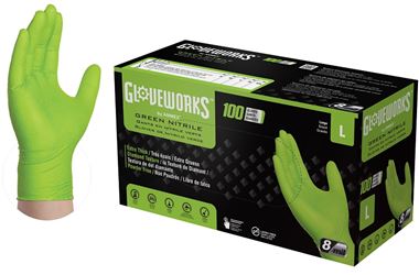 Gloveworks GWGN46100 Heavy-Duty Disposable Gloves, L, Nitrile, Powder-Free, Green, 9-1/2 in L