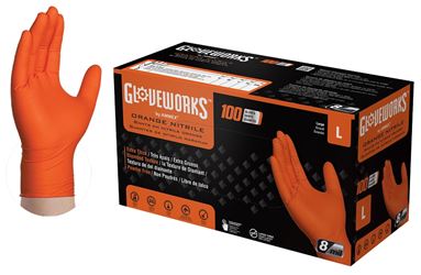 Gloveworks GWON46100 Heavy-Duty Disposable Gloves, L, Nitrile, Powder-Free, Orange, 9-1/2 in L