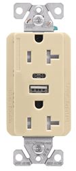 Eaton Cooper Wiring TRUSBAC20 TRUSBAC20V-K-L Receptacle, 2 -Pole, 5 A, 125 VAC, 2 -USB Port, Type A, C USB, Ivory