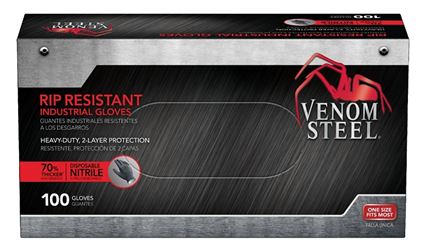 Venom Steel VEN6145N Disposable Gloves, One-Size, Nitrile, Powder-Free, Black, 9-1/2 in L