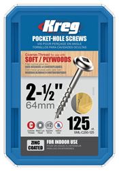 Kreg SML-C250-125 Pocket-Hole Screw, #8 Thread, 2-1/2 in L, Coarse Thread, Maxi-Loc Head, Square Drive, Steel, Zinc