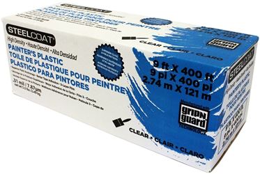 Steelcoat FG-P9941-06D High-Density Painters Masking Film, 400 ft L, 9 ft W, 0.31 mil Thick, Plastic, Clear