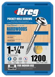 Kreg SML-F125-1200 Pocket-Hole Screw, #7 Thread, 1-1/4 in L, Fine Thread, Maxi-Loc Head, Square Drive, Carbon Steel