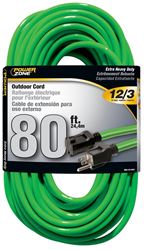 PowerZone Extension Cord, 12 AWG Cable, 80 ft L, 15 A, 125 V, Neon Green