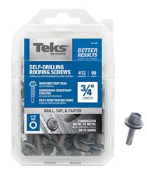 Teks 21408 Roofing Screw, #12 Thread, Fine Thread, Hex Drive, Drill Point, Steel, Zinc