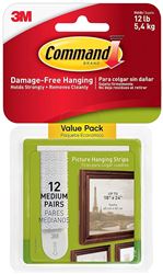 Command 17204-12ES Medium Picture Hanging Strip, 3/4 in W, 2-3/4 in L, Foam Backing, White, 3 lb, Pack of 4