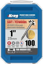 Kreg SML-C1 - 100 Screw, 1 in L, Coarse Thread, Maxi-Loc Head, Square Drive, Self-Drilling Point, Steel, Zinc, 100 PK
