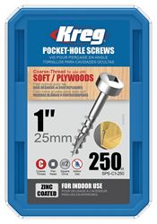 Kreg SPS-C1-250 Pocket-Hole Screw, #7 Thread, 1 in L, Coarse Thread, Pan Head, Square Drive, Self-Tapping Point, Steel