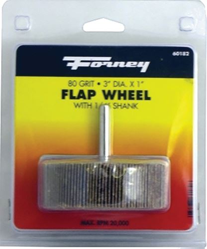 Forney 60182 Flap Wheel, 3 in Dia, 1 in Thick, 1/4 in Arbor, 80 Grit, Aluminum Oxide Abrasive