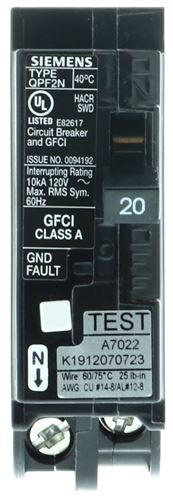 Siemens QF120AN Circuit Breaker, GFCI, Low Voltage, 20 A, 1 -Pole, 120 V, Plug Mounting