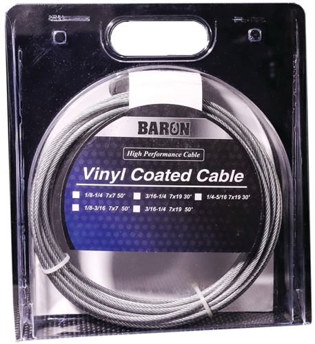 BARON 50215/50215 Aircraft Cable, 1/8 to 3/16 in Dia, 100 ft L, 340 lb Working Load, Galvanized Steel