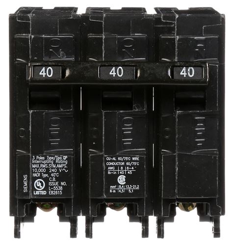 Siemens Q340 Circuit Breaker, Low Voltage, Mini, Standard, 40 A, 3 -Pole, 240 VAC, Common Trip, Plug Mounting