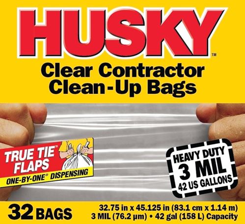 Husky HC42WC032C Clean-Up Trash Bag, 42 gal Capacity, Polyethylene, Clear