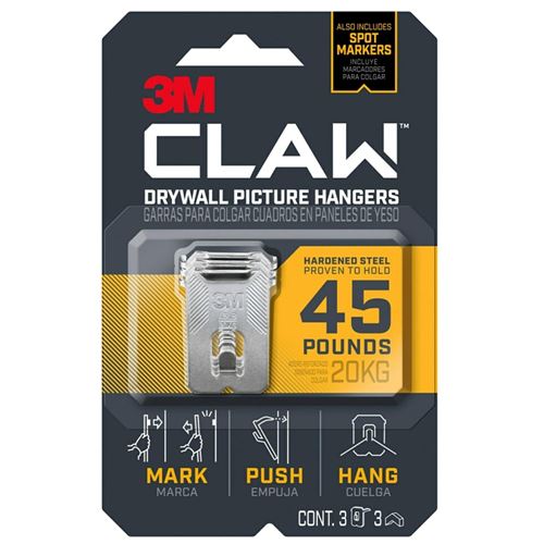 3M CLAW 3PH45M-3ES Drywall Picture Hanger, 45 lb, Steel, Push-In Mounting, 3/PK, Pack of 4