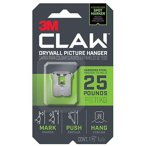 3M CLAW 3PH25M-1ES Drywall Picture Hanger, 25 lb, Steel, Push-In Mounting, 1/PK, Pack of 4