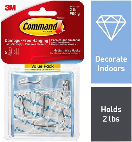 3M 17065CLR-6ES Wire Toggle Hook Value Pack, 2 lb, 6-Hook, Plastic, Clear