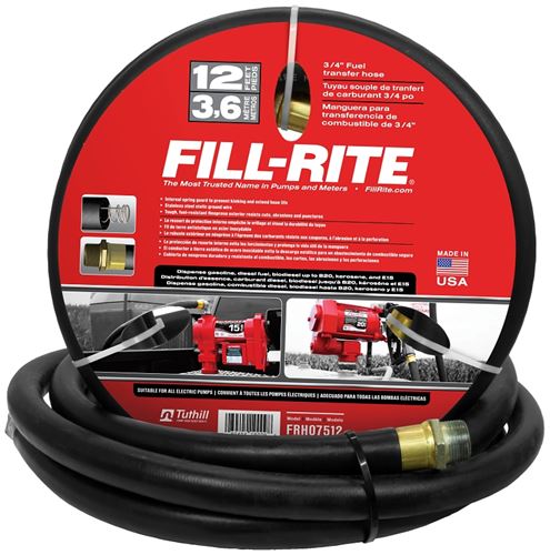 Fill-Rite FRH07512 Fuel Transfer Hose Male, 12 ft L, 50 psi Pressure, Neoprene, Black