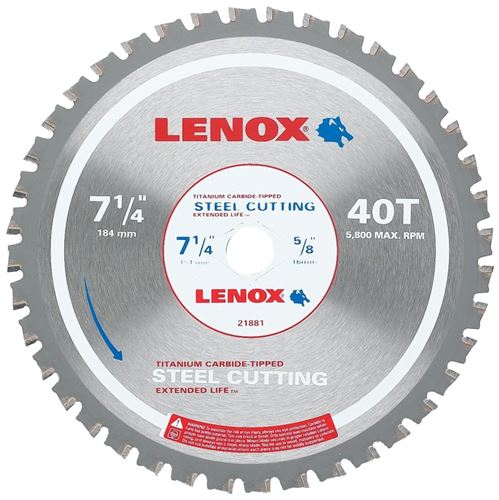 Lenox 21881ST714040CT Circular Saw Blade, 7-1/4 in Dia, 5/8 in Arbor, 40-Teeth, Titanium Carbide Cutting Edge