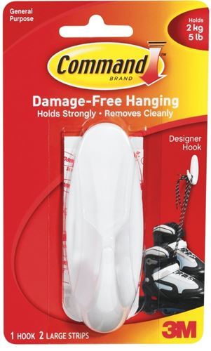 Command 17083 Designer Hook, 3/4 in Opening, 5 lb, 1-Hook, Plastic, White, Pack of 4
