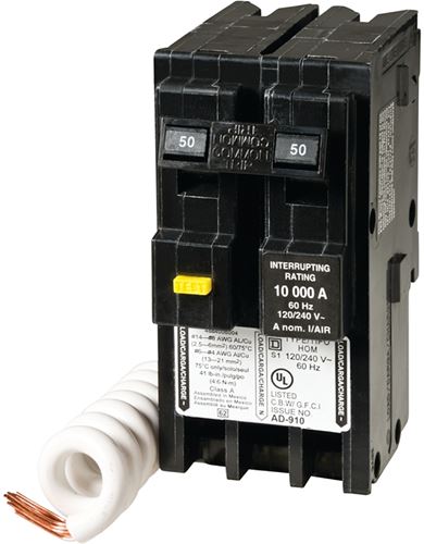 Square D Homeline HOM250GFICP Circuit Breaker, GFCI, Mini, 50 A, 2 -Pole, 120/240 V, Fixed Trip, Plug Mounting