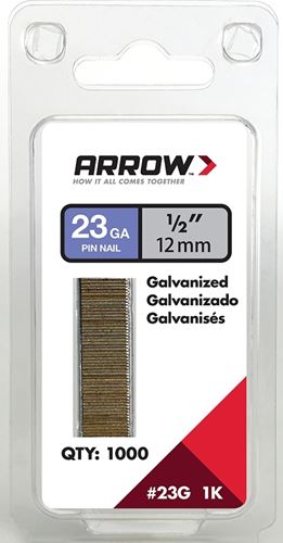 Arrow 23G12-1K Pin Nail, 1/2 in L, 23 Gauge, Galvanized Steel, Round Shank