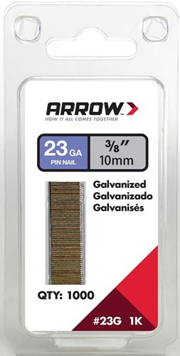 Arrow 23G10-1K Pin Nail, 3/8 in L, 23 Gauge, Galvanized Steel, Round Shank